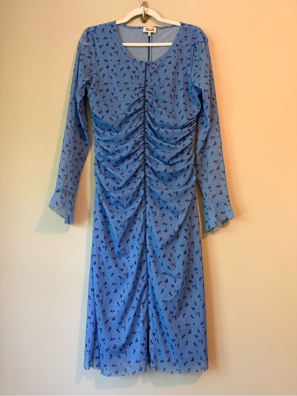 Baum und Pferdgarten “Janis” Blue Mini Rose Mesh Ruched Midi Dress Sz L VGUC - Picture 1 of 4